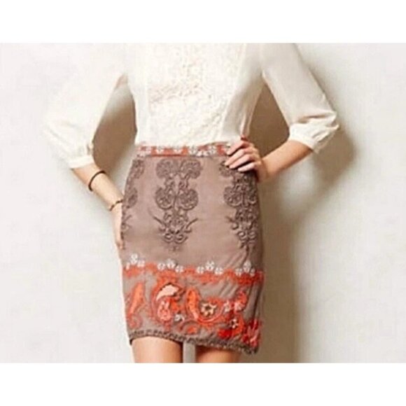 Anthropologie Yoana Baraschi Coffee Orange White Embroidered Skirt Size 10P - Picture 1 of 10